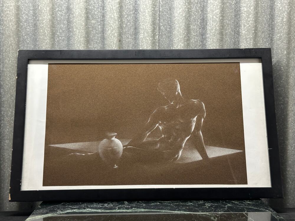 Framed Charcoal/Conte Drawing, Male Nude Figure Study with Vase